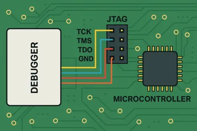 JTAG debugger connected to a microcontroller via TCK, TMS, TDO, and GND lines